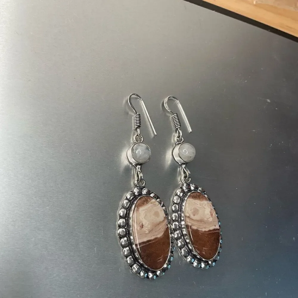 Vintage Brownie Jasper Rainbow‎ Moonstone Drop Dangle Earrings Jewelry 2.48